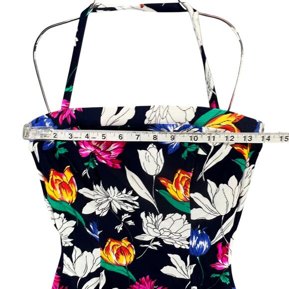 Vintage Talbots One Piece Swimsuit 10 Navy Blue Multi Floral Ribbed Halter Beach - Picture 4 of 10
